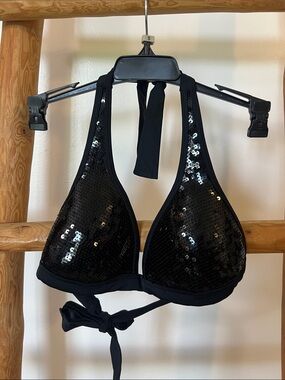 Guess Black Sequin Halter Bikini Top